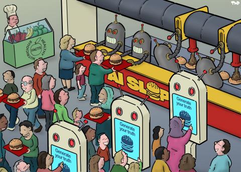 Cartoon showing the inside of a fast food restaurant with lots of people waiting for food. The logo on the counter reads 'AI slop'. People are ordering from large screens that have the logo of a hamburger on it and the text 'Generate your truth'. Behind the counter two robots are filling buns with brown slop that comes from a large pipe overhead. To the side a small fruit & salad bar is ignored by everyone; it has the logo of an apple with the text: 'Facts: nutricious & healthy'.