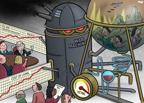 Cartoon about war raising the cost of living while also raising profits for the oil and weapons industry.