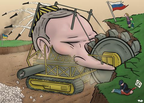 Cartoon showing an open pit mining excavator with the head of Vladimir Putin. The bucket wheel is excavating a cliff with the Russian flag on it; from the back of the excavator, numerous missiles are launched in the direction of Ukraine. From the side of the machine, a pipe is pulling out human skulls and bones. On the Russian cliff, a police an is arresting a peaceful activist.