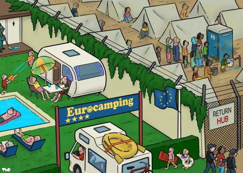Cartoon showing a camping on one side, and a migrant return hub on the other side, separated by a wall. The camping entrance has a sign that reads 'Eurocamping' and shows four stars. There a pool with people lounging, and a camper van is entering the cam grounds, filled with happy vacationers. Frontex officers are escorting a cuffed person of color to the return hub, which is a dusty area filled with tents. There is a line waiting for one filthy toilet.