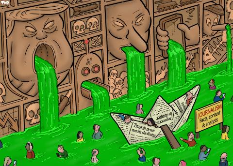 Cartoon showing a wall with sculptures. Giant sculptured heads of Trump, Putin and Pinocchio are spewing forth green liquid from their mouths and long nose respectively, while the rest of the wall is adorned with sculptured skulls. Next to this wall, people are wading through a rising tide of green liquid. A boat made of a newspaper floats in the middle with a sign that reads 'Journalism: Facts, context & analysis'. A person is trying to get people on board, but they walk by, ignoring the boat entirely.