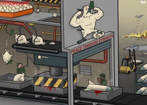 Cartoon showing the inside of a factory. On the top floor, eggs are hatching, and baby doves are carried to a hole in the floor by robot arms, where they are dropped to the story below. Here the doves get filled up with explosives, while another robot arm puts an olive branch in their beaks, before they are dropped a floor lower. Here they fall into the bottom half of a mold shaped like a missile, before the top half of the mold comes down and presses them into their final shape. Outside the factory, there 