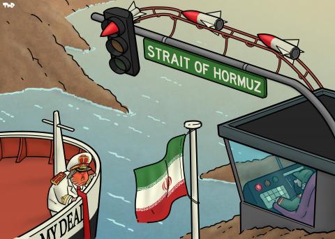 Cartoon showing the front of an oil tanker named ‘My Deal’. Trump is on the bow in a very ornate captain’s uniform, looking up with a red, angry face at a control booth on the shore, next to an Iranian flag and a traffic light that hangs over the water with a sign that reads ‘Strait of Hormuz’. The traffic light has a normal green and orange light (which are off at the moment), but the red light is the point of a missile that’s fed through from the back by a guide rail.