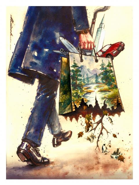 Cartoon showing a man carrying a bag. The top of the bag shows a car, plane, smoking chimney stack and a skyscraper sticking out. The bag itself has a print with an idyllic nature scene of a river and trees. The bottom of the bag has ripped dues to the weight; trees and wildlife are falling out. 