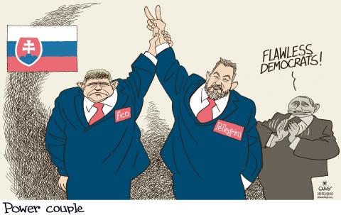 Cartoon showing Peter Pellegrini and Robert Fico staring side by side, drawn as thugs, with the flag of Slovakia hanging on the wall. Fico is holding the arm of Pellegrini up. In the background stands Putin, applauding and saying ‘Flawless democrats!’