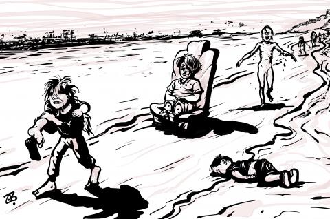 Cartoon showing a line of children on a road with ruined buildings in the background. The front child is the girl carrying her sister in Gaza, the one behind that is the iconic image of Alan Kurdi; behind him is the bloodied Syrian by Omran Daqneesh sitting in a chair and behind him is the image of the napalm girl from the Vietnam war.