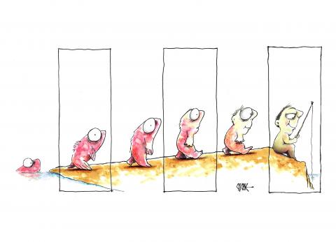 A fish leaves the water and walks on land, slowly evolving into a human fisherman.