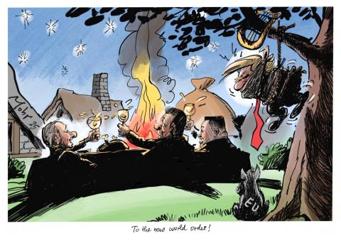 Asterix-party atmosphere with Xi Jinping, Putin and Kim Jong Un sitting around a campfire, toasting. Trump is portrayed as Troubadix, the lousy musician, tied up and hanging from the branch of a tree. The EU is a small dog that watches the gathering from the shadows.