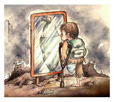 Cartoon showing a child with an amputated leg, standing with the aid of a crutch, looking into a standing mirror in the middle of a ruined city. Instead of his own reflection, the child sees a bodybag in the mirror.