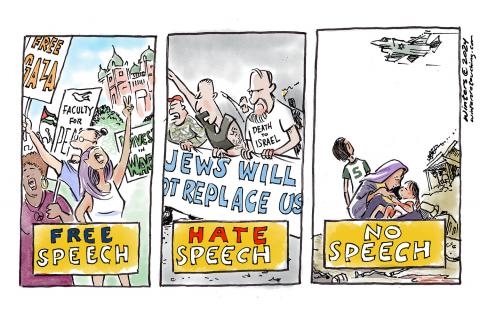 3 panel illustration showing Free Speech as a campus protest, Hate Speech as neo-Nazi's marching and No Speech for the victims of war.