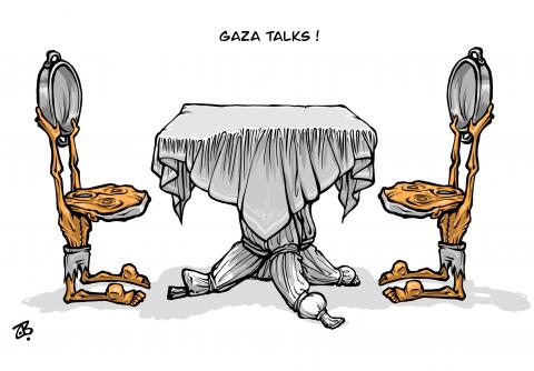 Cartoon showing a table and two chairs. The chairs are made up of kneeling emaciated persons holding up empty pots and the table legs are made up of body bags. The caption reads ‘Gaza talks!’.