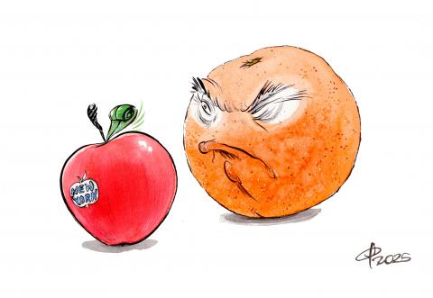Cartoon showing a fresh apple labeled ‘New York’ and a not-so-good looking orange with the face of Donald Trump looking angrily at the apple.