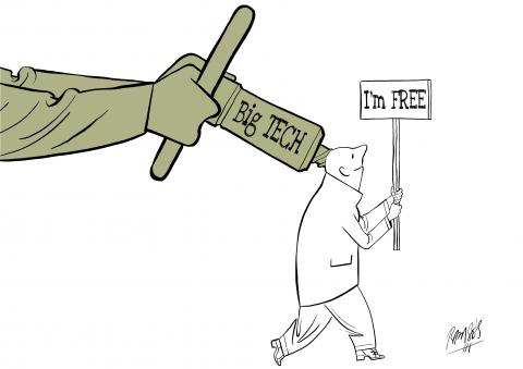 Cartoon showing a man holding a sign with the text 'I'm free'. A large steering wheel is screwed into the back of his head. Large arms labeled 'Big Tech' are holding on to the steering wheel.