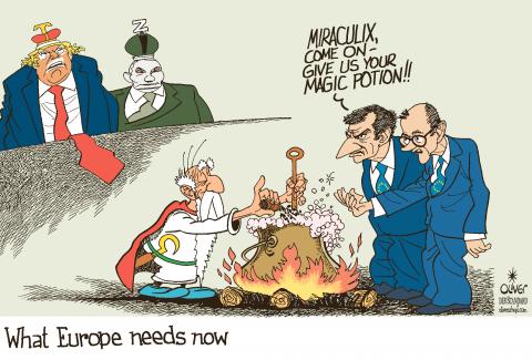 Cartoon showing French president Macron and German chancellor Merz standing next to the comics character Miraculix (from comics series Asterix), a druid stirring into a big cauldron that is on the fire. Macron says: 'Miraculix, come on-give us your magic potion!!!' In the background, we see the menacing figures of Putin and Trump, both dressed as emperors. The caption beneath the image reads 'What Europe needs now'