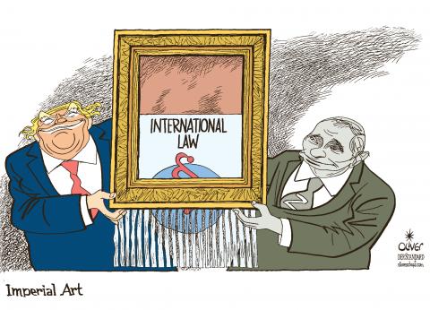 Cartoon showing Trump and Putin holding a picture frame. The picture frame contains an art work with the words 'international law' on it; it is being slowly shredded through the bottom of the picture frame (like the famous Banksy piece from some time ago.).