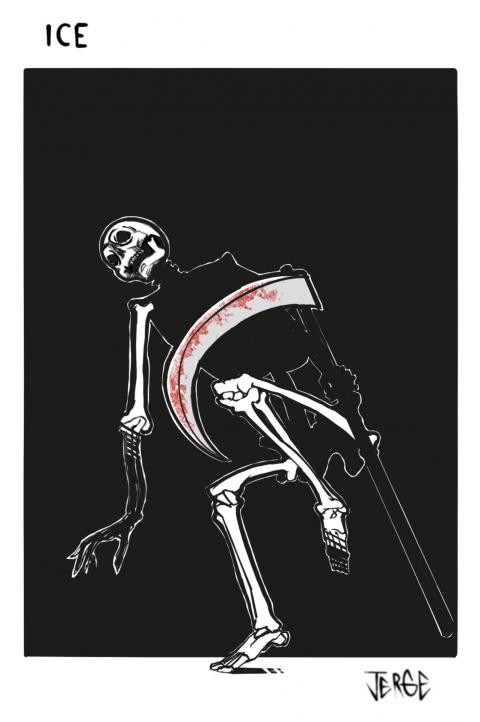 Cartoon showing the Grim Reaper, in such a pose that his skull, bones and scythe form the word ‘ICE’.