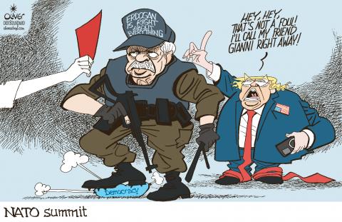 Cartoon showing Erdogan in a military uniform and wearing a 'Erdogan is right about everything' cap. He is stomping on a ball labeled 'democracy' with spiked shoes, deflating it. An arm sticks into the image, showing a red card. Behind Erdogan stands Trump, raising an admonishing finger and saying: 'Hey, hey, that's not a foul! I'll call my friend Gianni right away!'