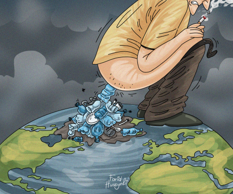 Cartoon showing a man defecating on the planet; instead of faeces, what comes out is an assortment of plastic bottles and other plastic trash.