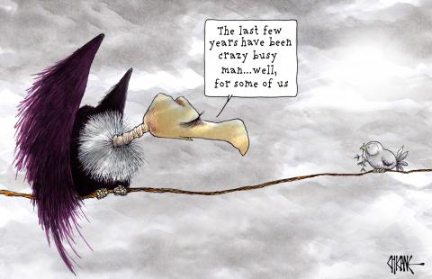 Variation of War Birds 1-with the vulture (death) and the dove (peace) on the same branch under leaden skies. The vulture complains at its workload,  stating that," The last few years have been crazy busy,,,for some of us," implying that the dove is lazy.