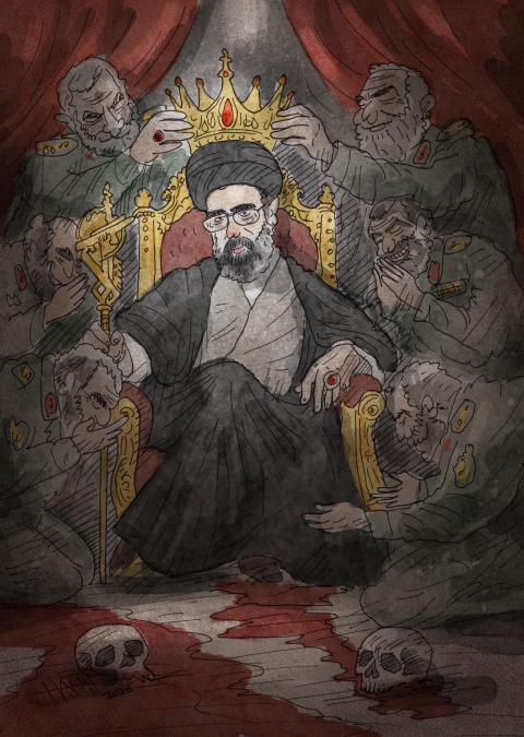 Cartoon showing Mojtaba Khamenei being crowned as a central figure in a religious tableau. Iranian military surround him in poses of worship. On the ground we see blood and skulls.