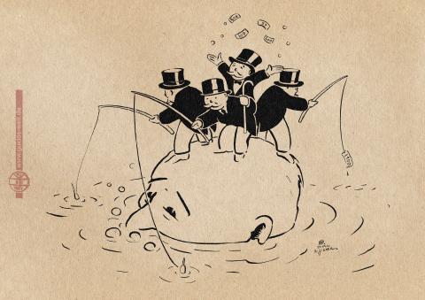 Drawing: Rich people standing on the head of a drowning person