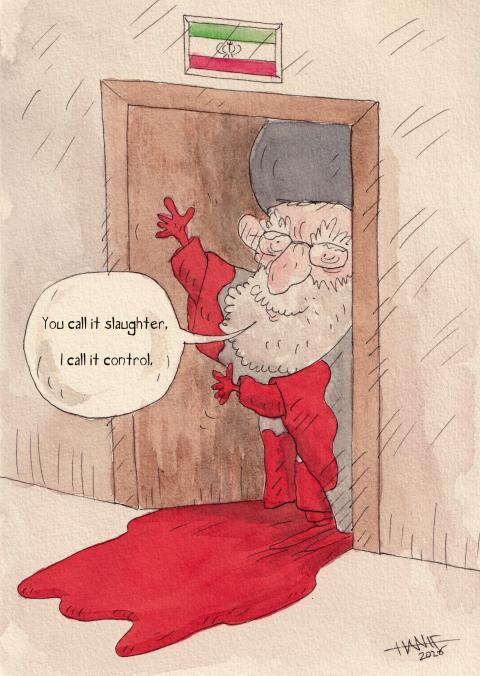 A cartoon of Iran’s supreme leader opening a door toward the viewer, hands smeared with blood, with a speech bubble saying "You call it slaughter, I call it control." , and a small Islamic republic of Iran flag above the doorway.