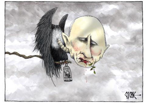 Russian President Vladimir Putin depicted as a vulture, with a caged peace dove in his talons and chewing on the olive branch.