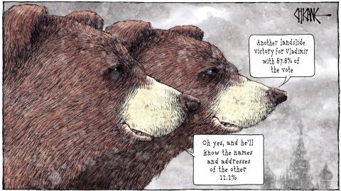A coupleof bears comment on Putins predictable victory in the Russian Presidential elections, securing 87.8% of the vote, and knowing the names of the 12.2% who didn't support him.