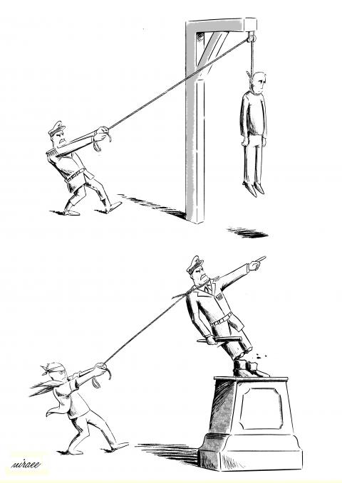 Cartoon with two scenes. In the first scene, a dictator in a military uniform is pulling on a rope connected to gallows and a noose that's around the neck of a dissident. In the second scene a dissident is pulling on a rope that's tied to the statue of the dictator, pulling it down.