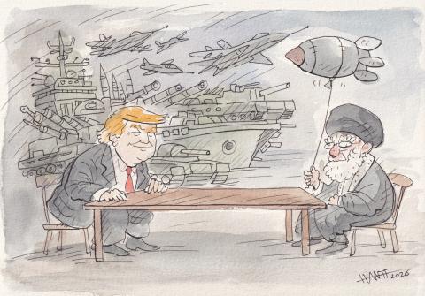 Cartoon showing a U.S. leader backed by overwhelming military power facing Iran’s supreme leader, who holds a missile shaped balloon, highlighting a delusional sense of strength in an unequal confrontation.