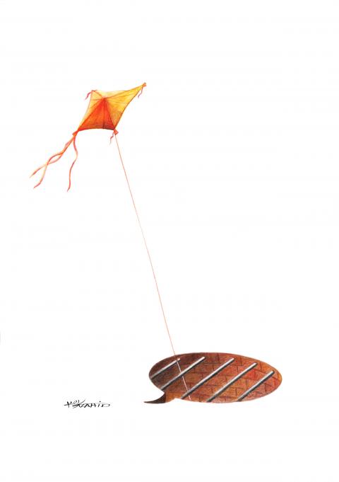 Cartoon showing a kite emerging from a hole in the ground. The hole has bars in it, suggesting an underground dungeon, and is in the shape of a speech bubble.