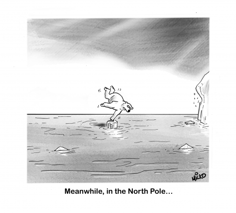 Due to climate change a Polar Bear balances on the last of the ice caps.