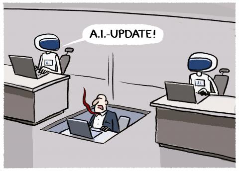 Cartoon showing two robots sitting at a desk. In the middle is a third desk occupied by a human; this desk is falling though a trap dour as one of the robots says 'A.I.-update!'