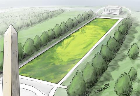 The reflecting pool in Washington DC is covered up un algae in the shape of Donald Trump's face of Donald Trump.
