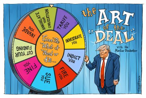 Cartoon showing Trump as a gameshow host, standing in front of a large wheel of fortune. The middle of the wheel reads 'Dow what I want or I'll...' The different options on the wheel read 'Fine you', 'Investigate you', 'Indict you', 'Tariff you', 'Fire you', 'Sue you', 'Cut your funding', 'Invade you' or 'Annihilate your civilization'.