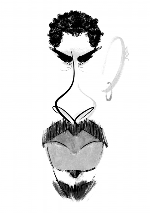 Black and white caricature of Bad Bunny.