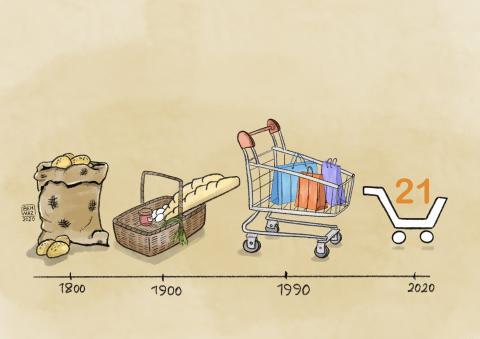 This artwork illustrates the evolution of consumer culture from the 1800s to the 21st century, ending in online shopping.