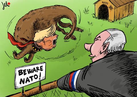 a cartoon about nato with a dog who bites its tail and putin looking
