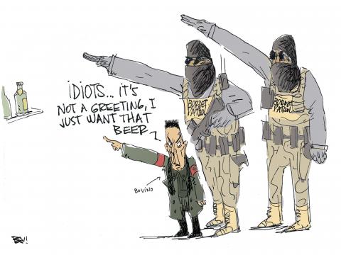 Cartoon showing Greg Bovino pointing to bottles standing on a high shelf. Behind him stand two large ICE goons giving nazi salutes. Bovino says: 'Idiots...it's not a greeting, I just want that beer!'