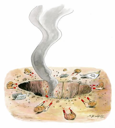 Cartoon showing a crater where a bomb has hit. All around the circumference of the crater are severed arms holding on to loafs of bread.