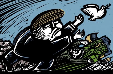 Trump crushing Zelensky, the Statue of Liberty, civilians and buildings trying to catch the dove of peace.