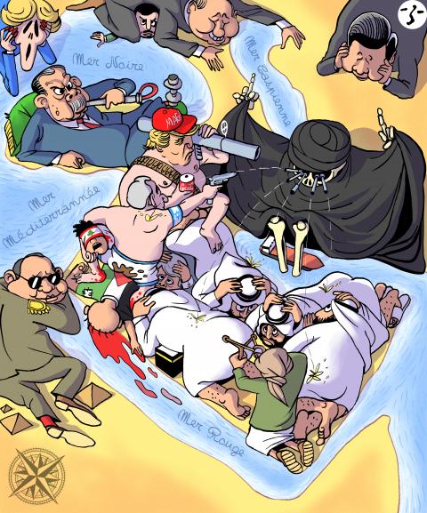 Cartoon showing a map of the Middle East: Iran is occupied by a skeleton in ayatollah's clothing raining down missiles from his eye sockets on the Strait of Hormuz, while Trump takes aims with a bazooka. Netanyahu is in a soiled diaper also shooting at Iran, while crushing Palestinian children. Various other leaders surround the scene.