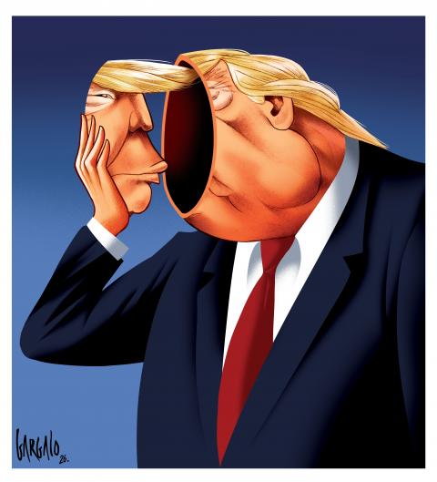 Cartoon showing Donald Trump, who has taken off his face, revealing an empty hole behind. He is now holding up his own face as a mirror to gaze into.