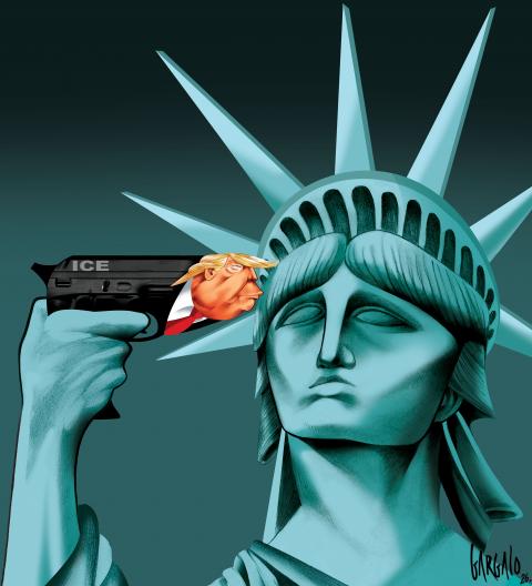Cartoon showing the Statue of Liberty holding a gun to her head. The gun is labeled 'ICE' and the head of Donald Trump is sticking out of the barrel.