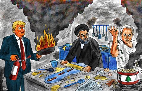 Cartoon showing a kitchen in chaos: Trump is holding a pan that’s on fire, Khamenei is flattening oil tankers with a rolling pin and Netanyahu is adding bombs to a smoking pan with the flag of Lebanon on it.