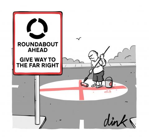 Cartoon - A man in shorts and t shirt paints a St George Cross on a roundabout. Sign in the foreground says ' ROUNDABOUT AHEAD GIVE WAY TO THE FAR RIGHT'