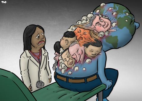 Cartoon showing a person with a head shaped like planet earth sitting on an examination table with his back to a doctor. The doctor has a shocked expression on her face as she examines the patient's back, on which we see a large malignant growth made up of the faces of Trump, Netanyahu, Putin, Khamenei, Kim Jong-Un, Xi Jinping and Erdogan.