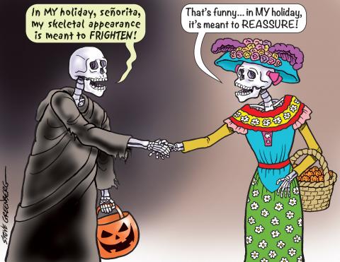 A Catrina from Dia de Los Muertos meets Halloween as they compare their skeletal differences