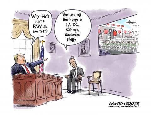 Trump and Hegseth in the Oval Office watching Chinese military parade