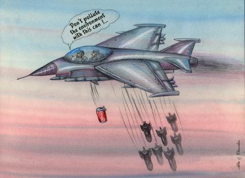 A military pilot drops a can of Coca Cola
